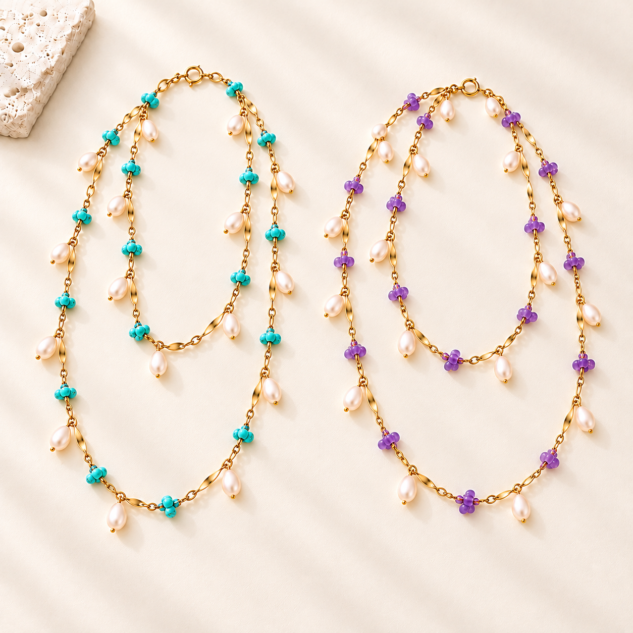 Amethyst or Turquoise Pearl Long Necklace