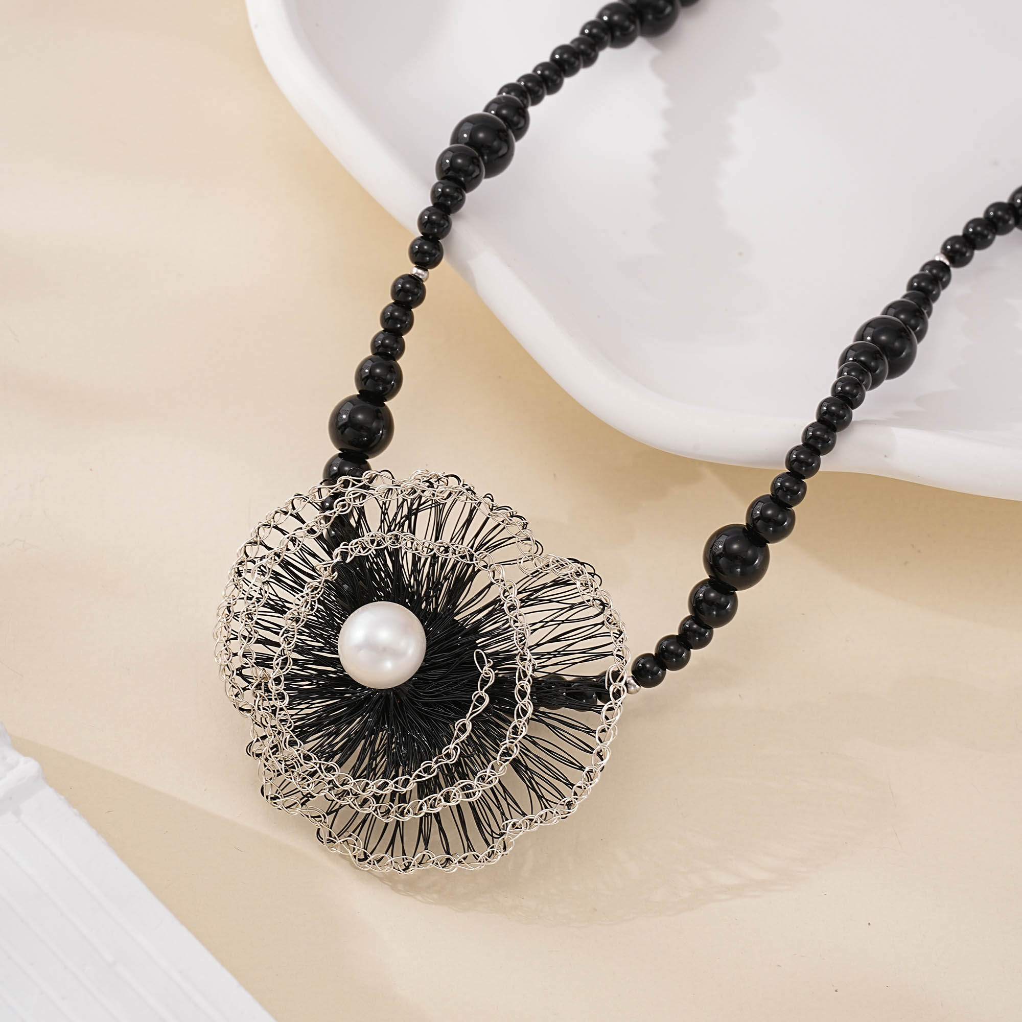 Black Wire Flower Detachable Brooch Necklace — hand-crocheted wire jewelry