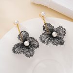 Black Wire Flower Pearl Dangle Earrings — hand-crocheted wire jewelry