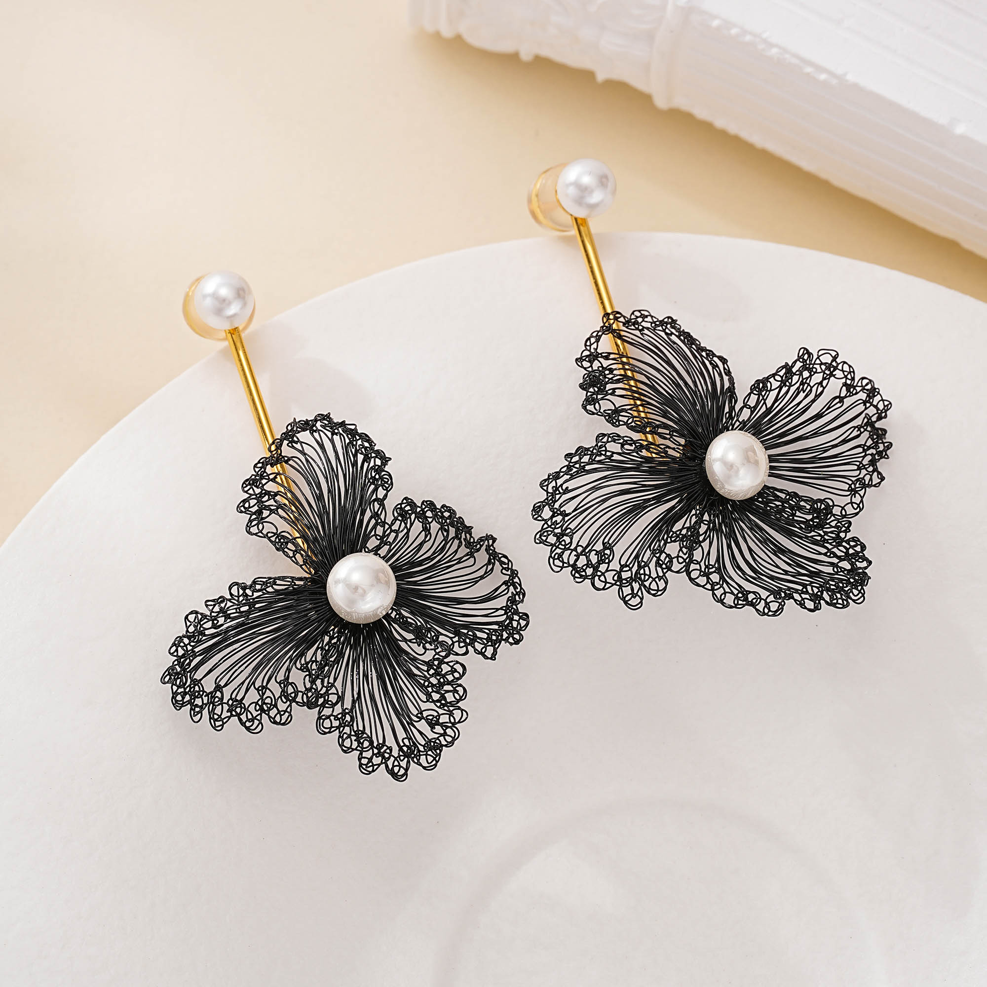 Black Wire Flower Pearl Dangle Earrings — hand-crocheted wire jewelry