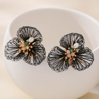 Black Wire Flower Pearl Drop Earrings — hand-crocheted wire jewelry