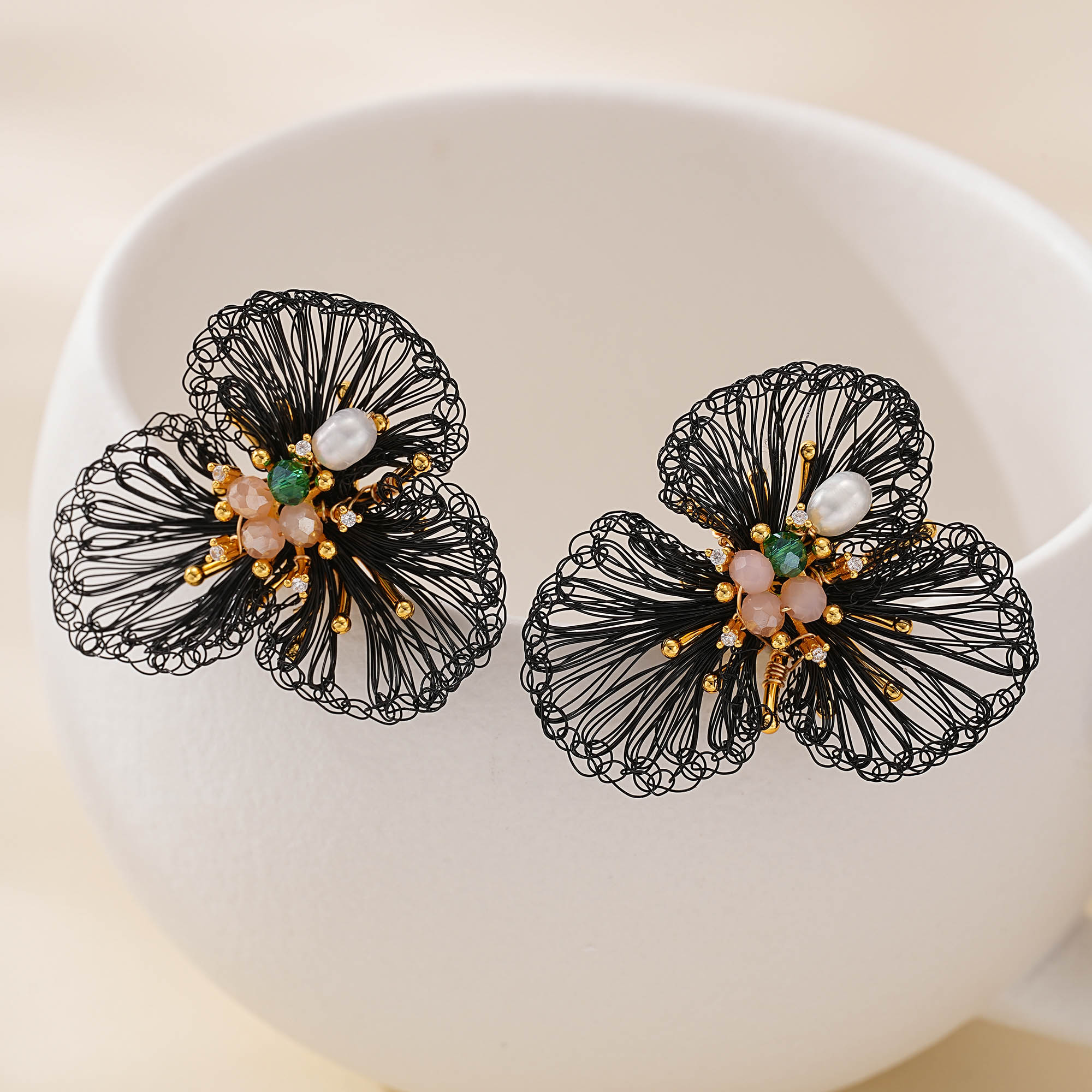 Black Wire Flower Pearl Drop Earrings — hand-crocheted wire jewelry