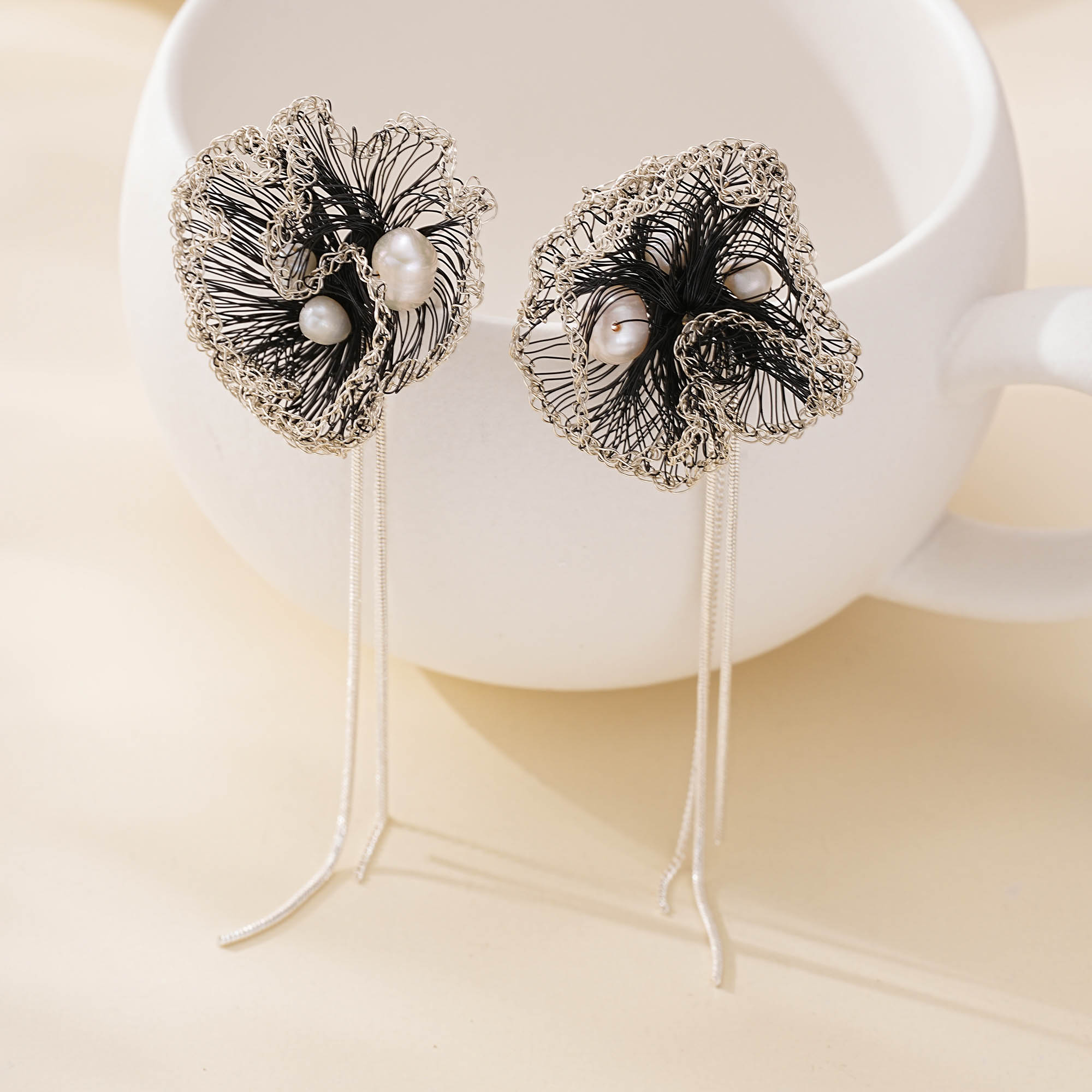 Black Wire Pearl Tassel Earrings — hand-crocheted wire jewelry