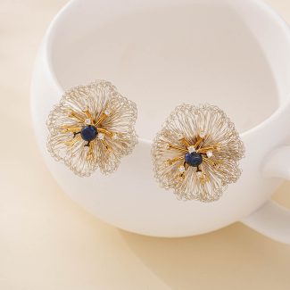 Blue Pearl Wire Flower Stud Earrings — hand-crocheted wire jewelry