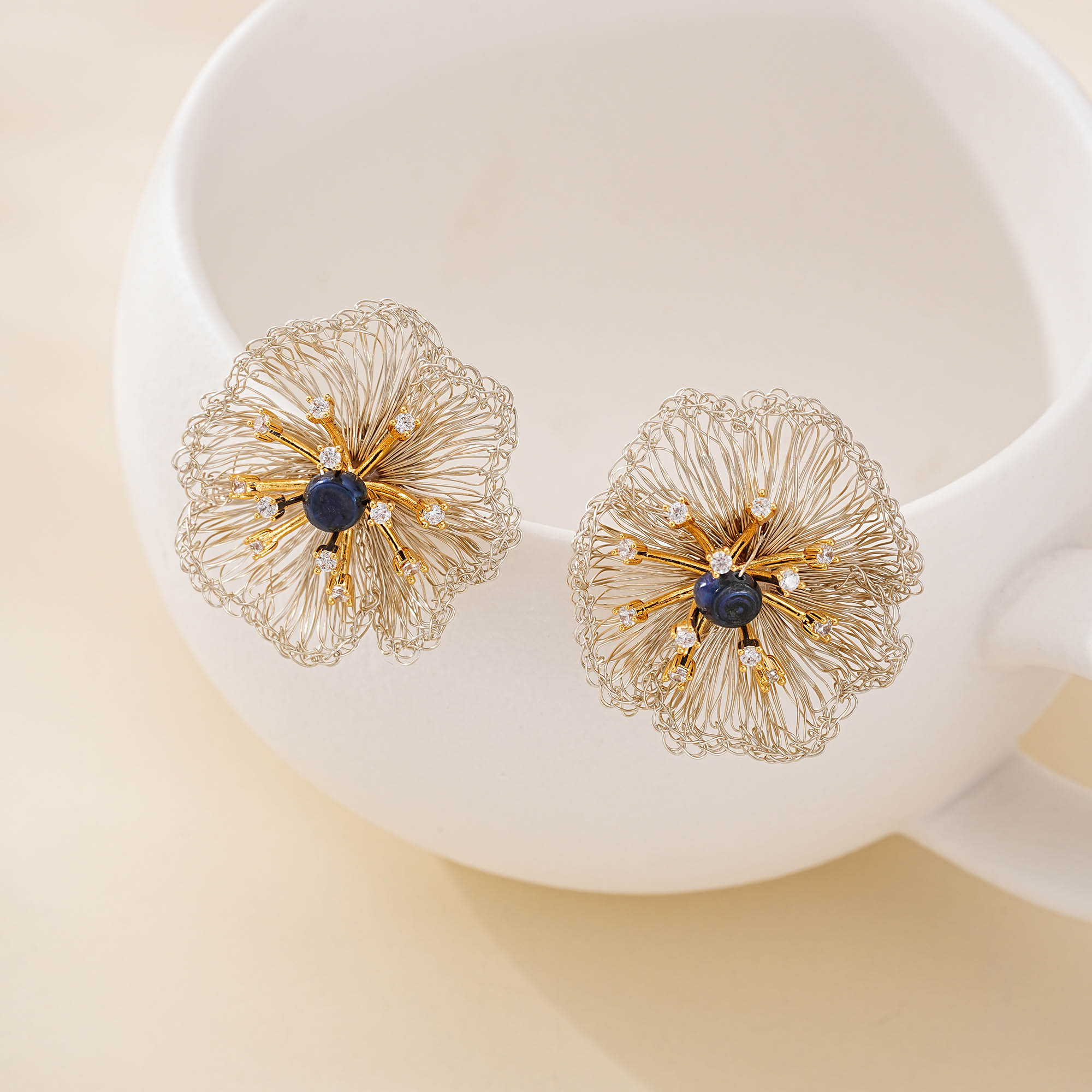 Blue Pearl Wire Flower Stud Earrings — hand-crocheted wire jewelry