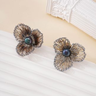 Blue Wire Flower Peacock Pearl Earrings — product view