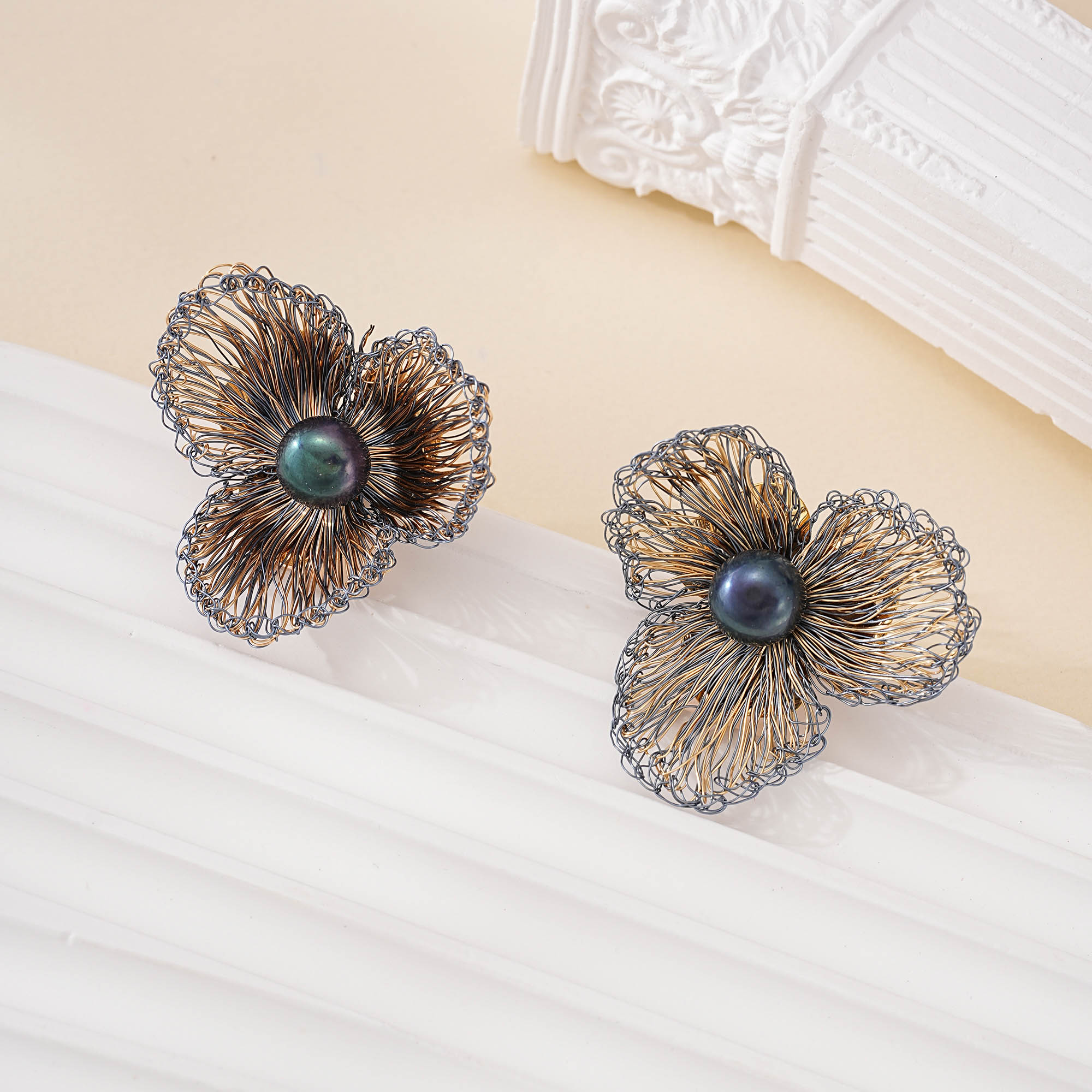 Blue Wire Flower Peacock Pearl Earrings — product view