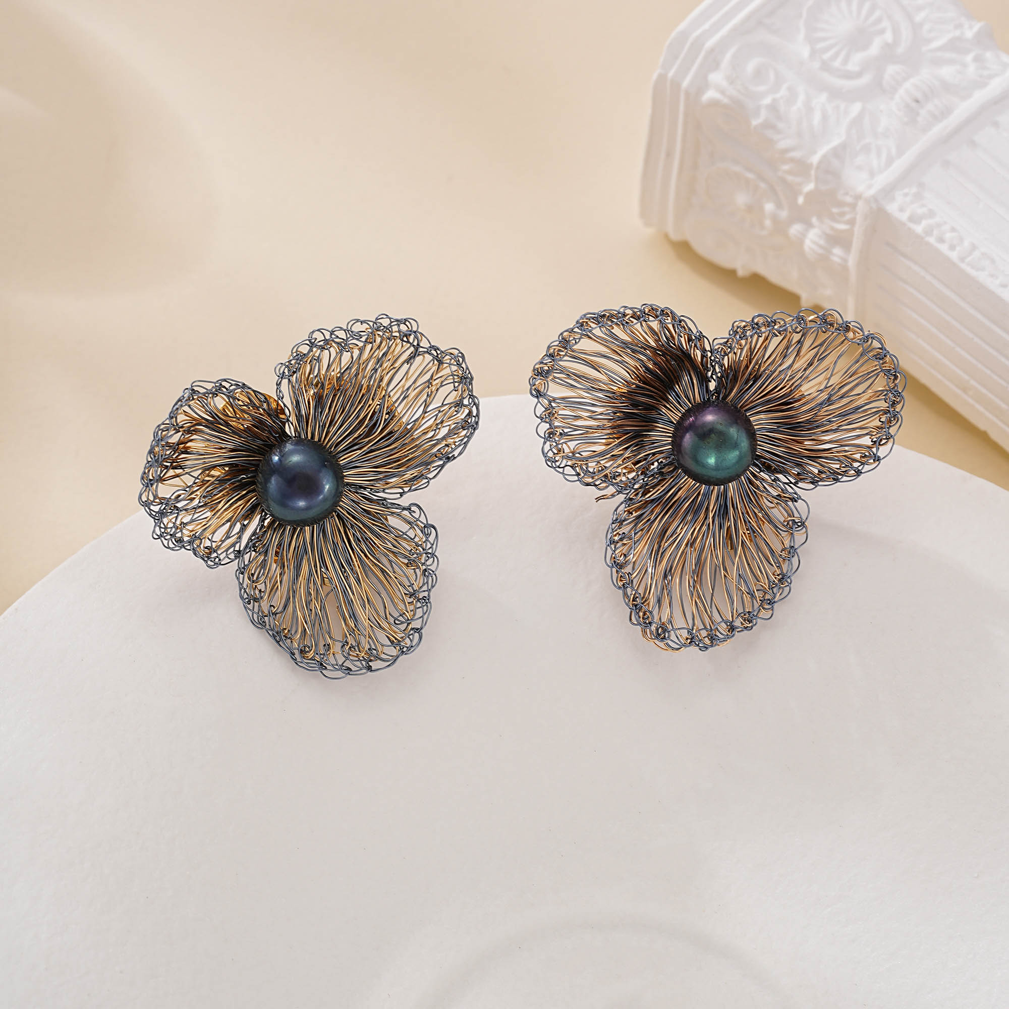 Blue Wire Flower Peacock Pearl Earrings — wirework and pearl detail