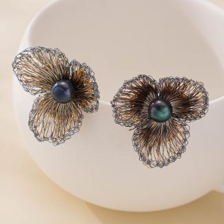 Blue Wire Flower Peacock Pearl Earrings — wirework and pearl detail