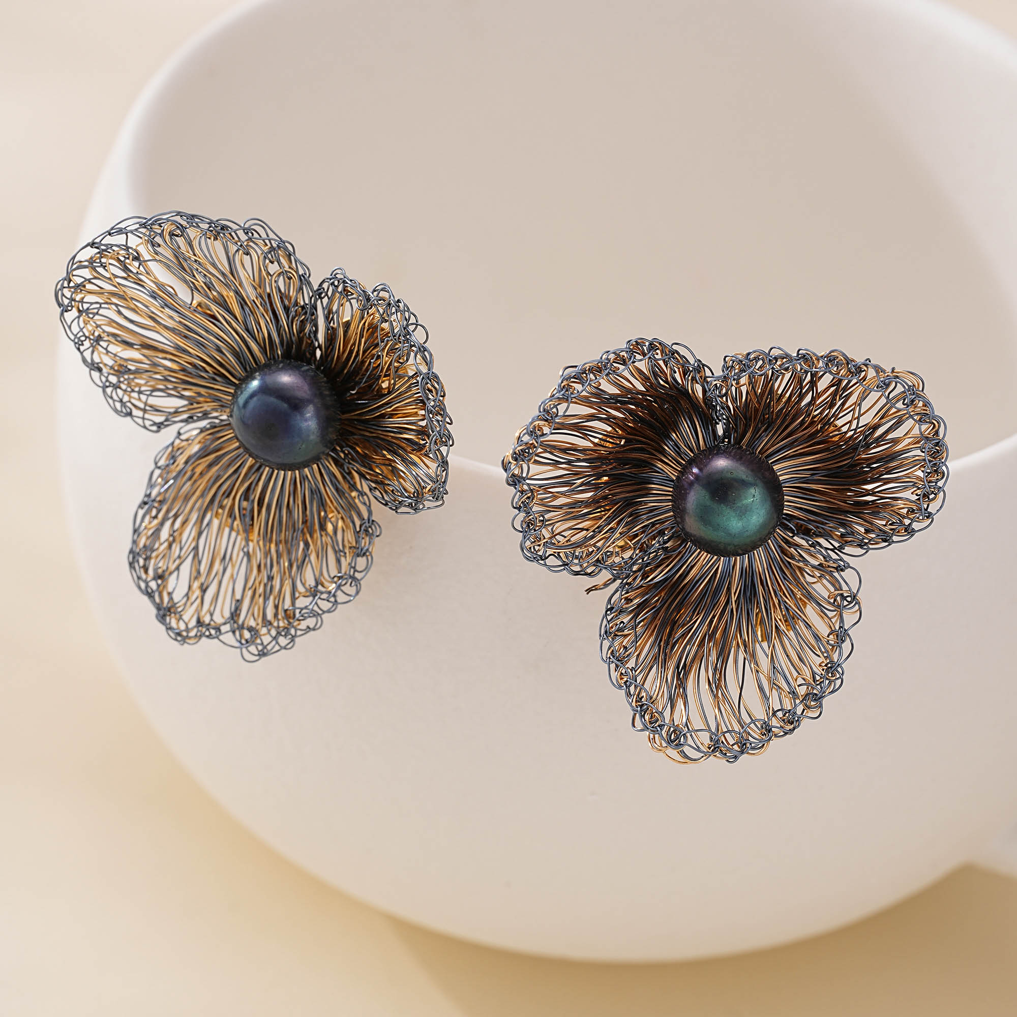 Blue Wire Flower Peacock Pearl Earrings — wirework and pearl detail