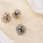 Blue Wire Flower Pearl Jewelry Set — hand-crocheted wire jewelry