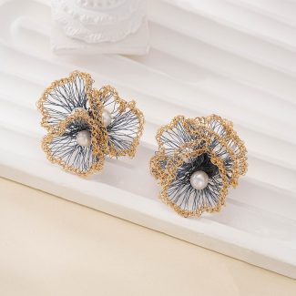 blue wire flower earrings detail