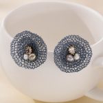 Blue Wire Nest Pearl Drop Earrings — hand-crocheted wire jewelry