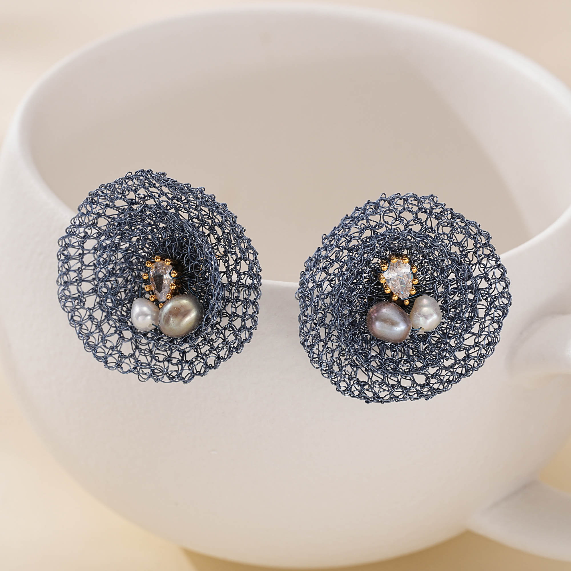 Blue Wire Nest Pearl Drop Earrings — hand-crocheted wire jewelry