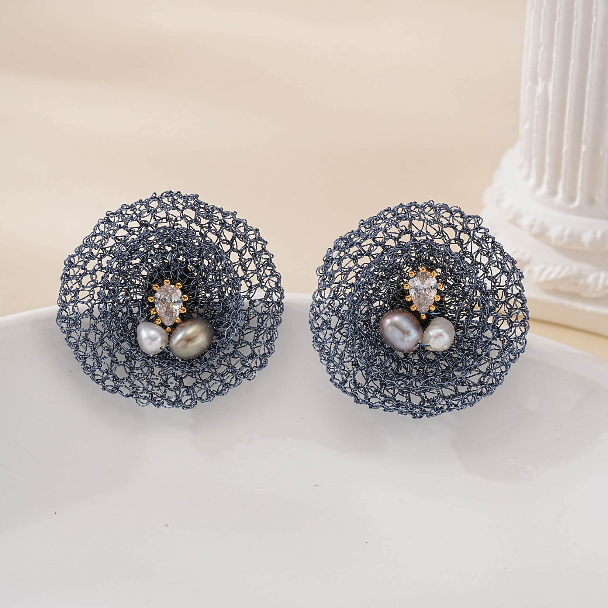 Alternate view of Blue Wire Nest Pearl Drop Earrings
