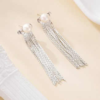 Silver-tone freshwater pearl stud earrings with long chain tassels