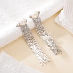 Pearl stud earrings with multiple silver-tone chain strands