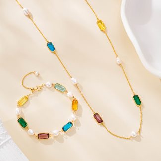 Multicolor gemstone bracelet and necklace set with freshwater pearls