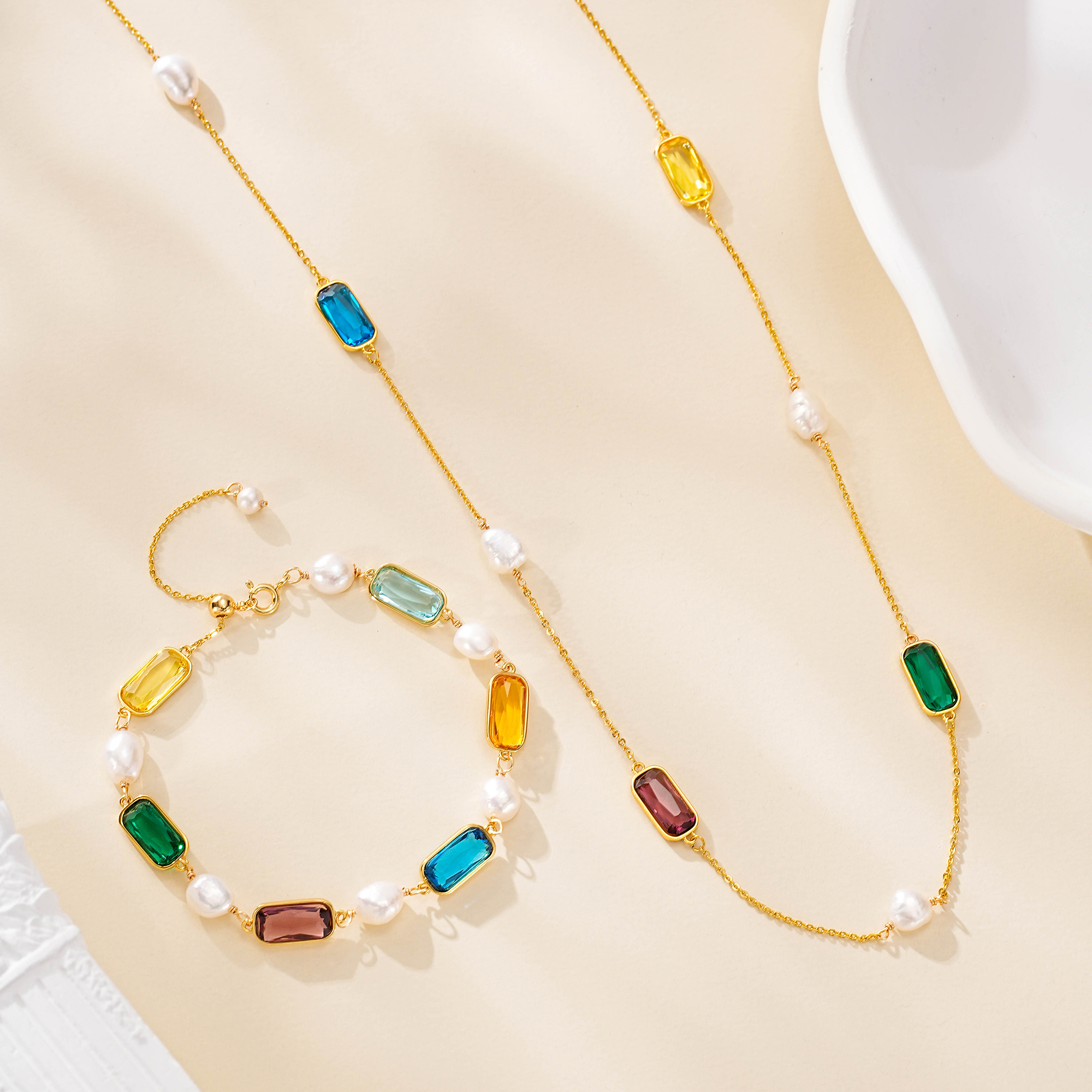Multicolor gemstone bracelet and necklace set with freshwater pearls