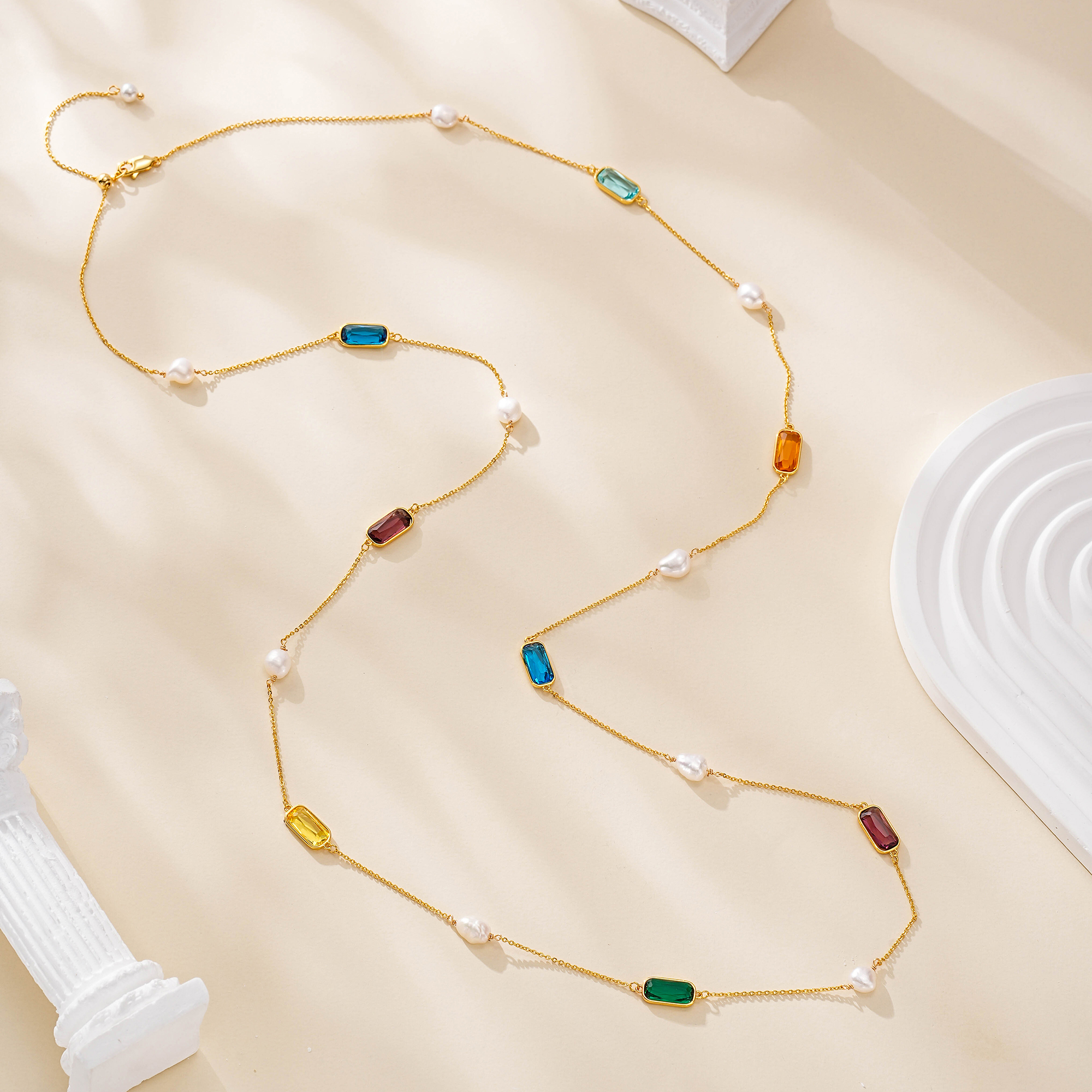 Long multicolor gemstone necklace with spaced freshwater pearls