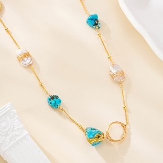 Turquoise and baroque pearl necklace with wire-wrapped accents