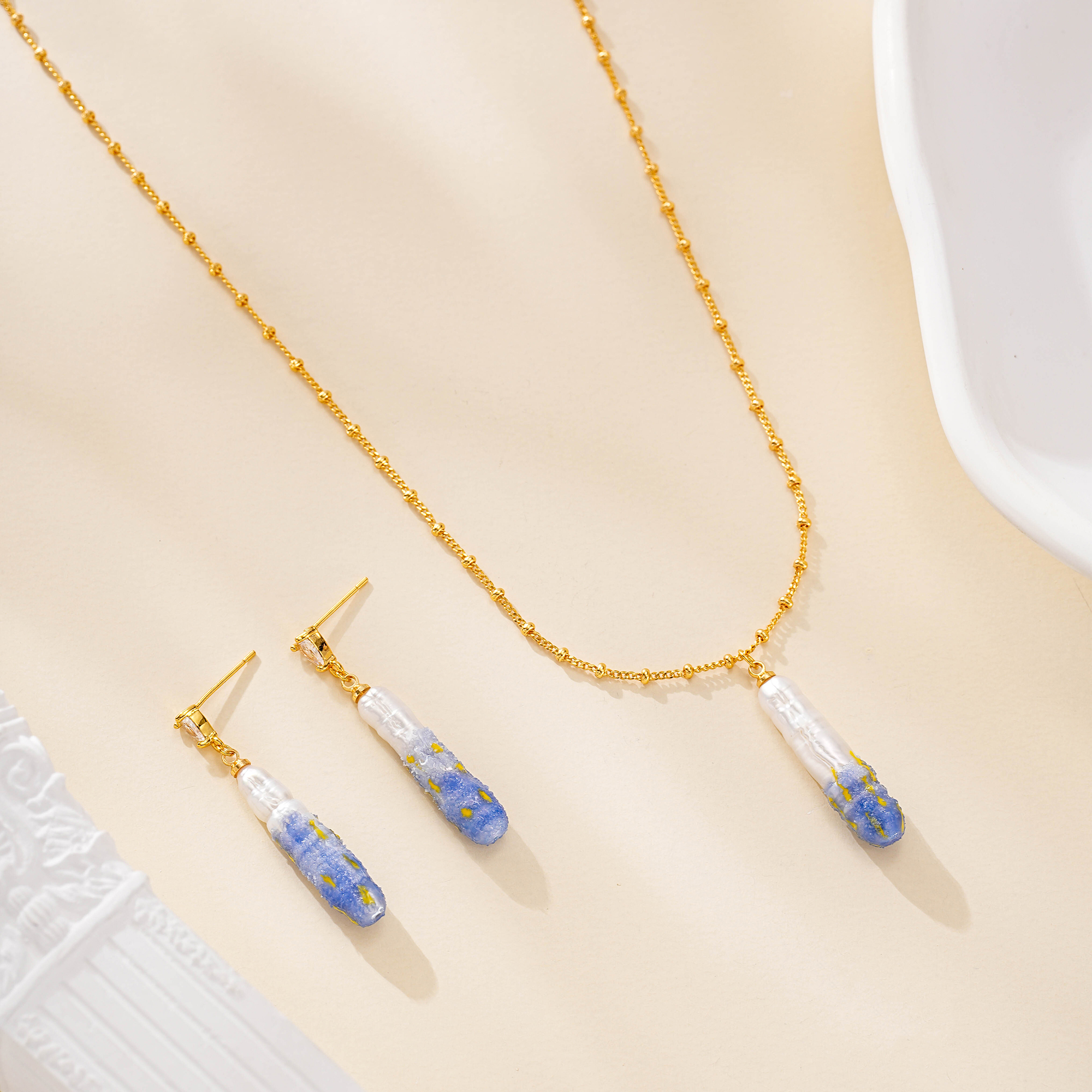 Painted pearl drop earrings and matching pendant necklace set