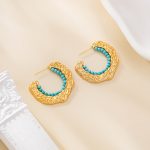 Textured gold-tone C-hoop earrings lined with turquoise beads