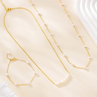 Freshwater pearl bracelet with two coordinating gold-tone necklaces