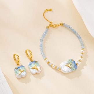 Ocean-painted baroque pearl earrings and blue bead bracelet set