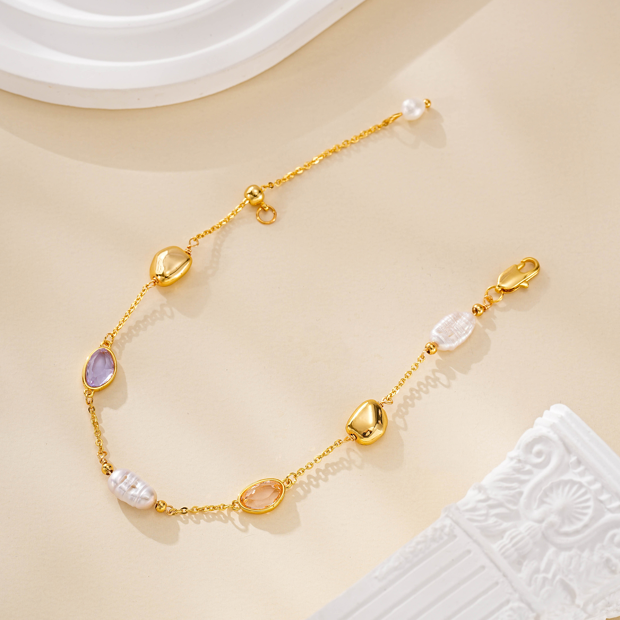 Full view of pastel gemstone and freshwater pearl bracelet