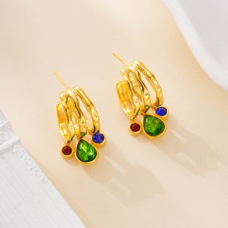Triple gold-tone hoop earrings with green blue and red stones