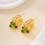 Tricolor stone drop earrings with textured gold-tone hoops