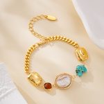 Mixed-link bracelet with turquoise stone, irregular pearl and red accent