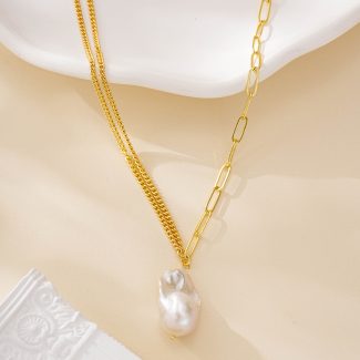 Full length view of asymmetric baroque pearl necklace