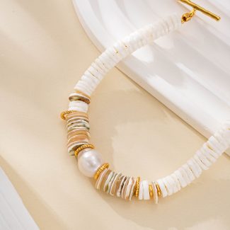 White grey and translucent shell discs with gold-tone spacers