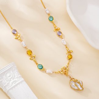 Multicolor gemstone and baroque pearl necklace with central pearl pendant