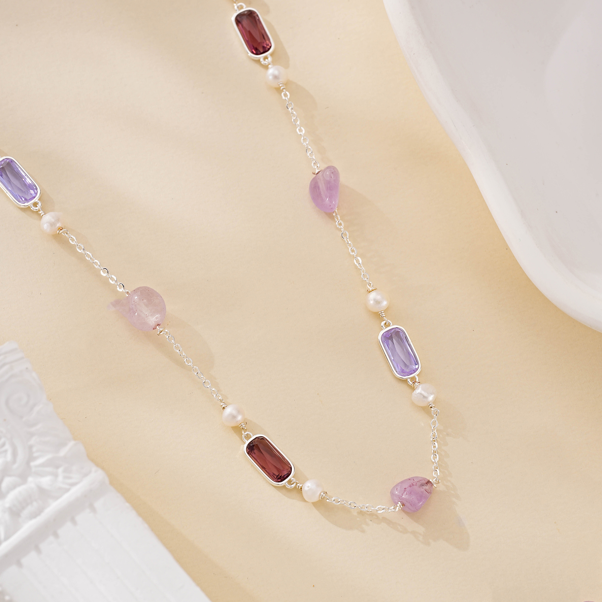 Full view of purple gemstone freshwater pearl necklace