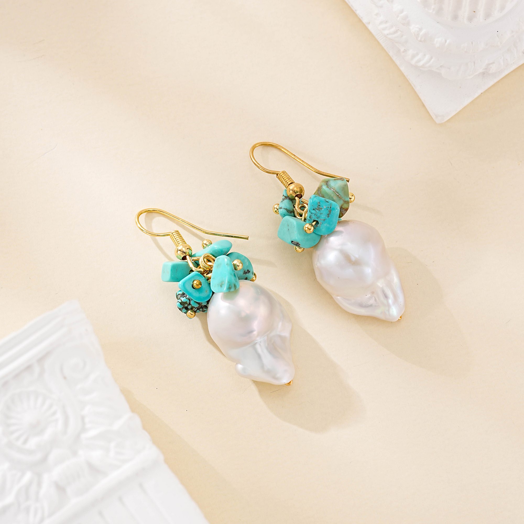 Turquoise cluster earrings with white baroque pearl drops