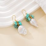 Gold-tone hook earrings with turquoise clusters and baroque pearls