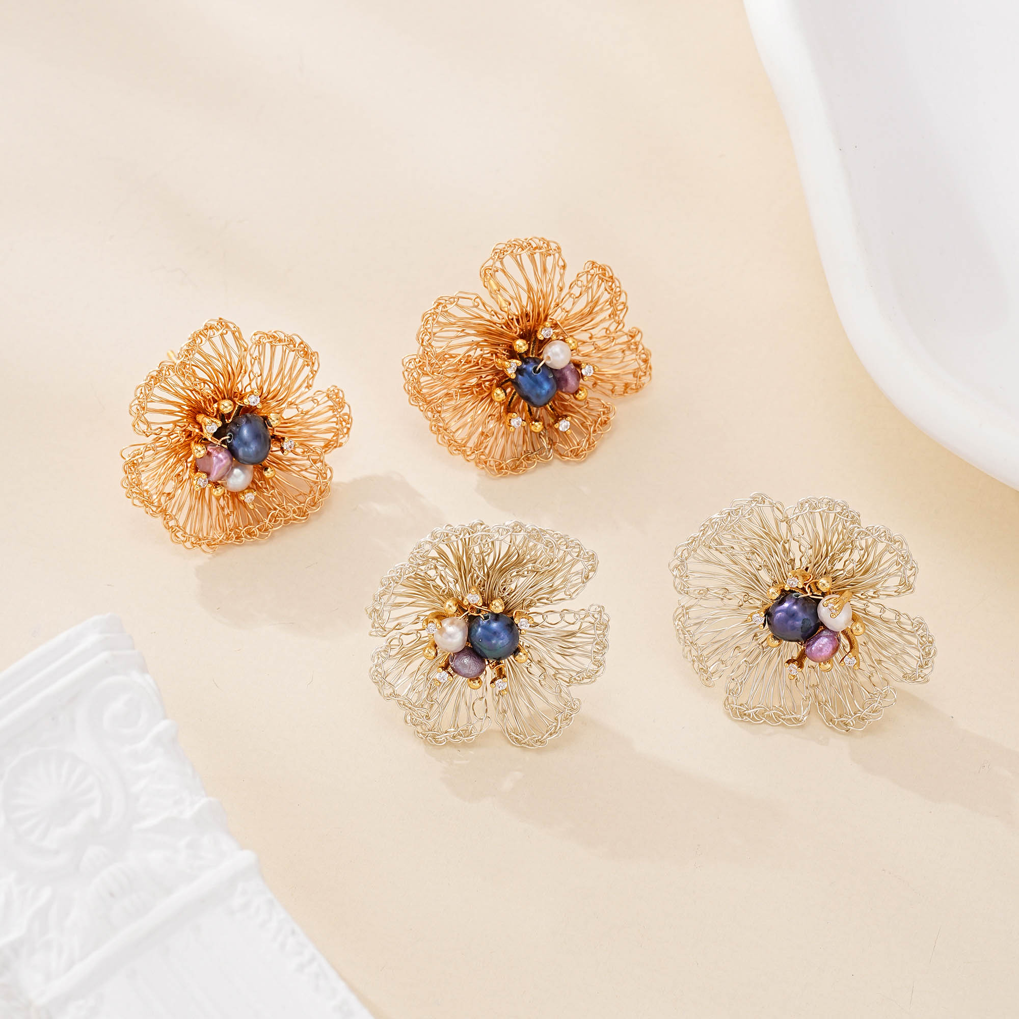 Dewlight Multicolor Pearl Flower Earrings — hand-crocheted wire jewelry
