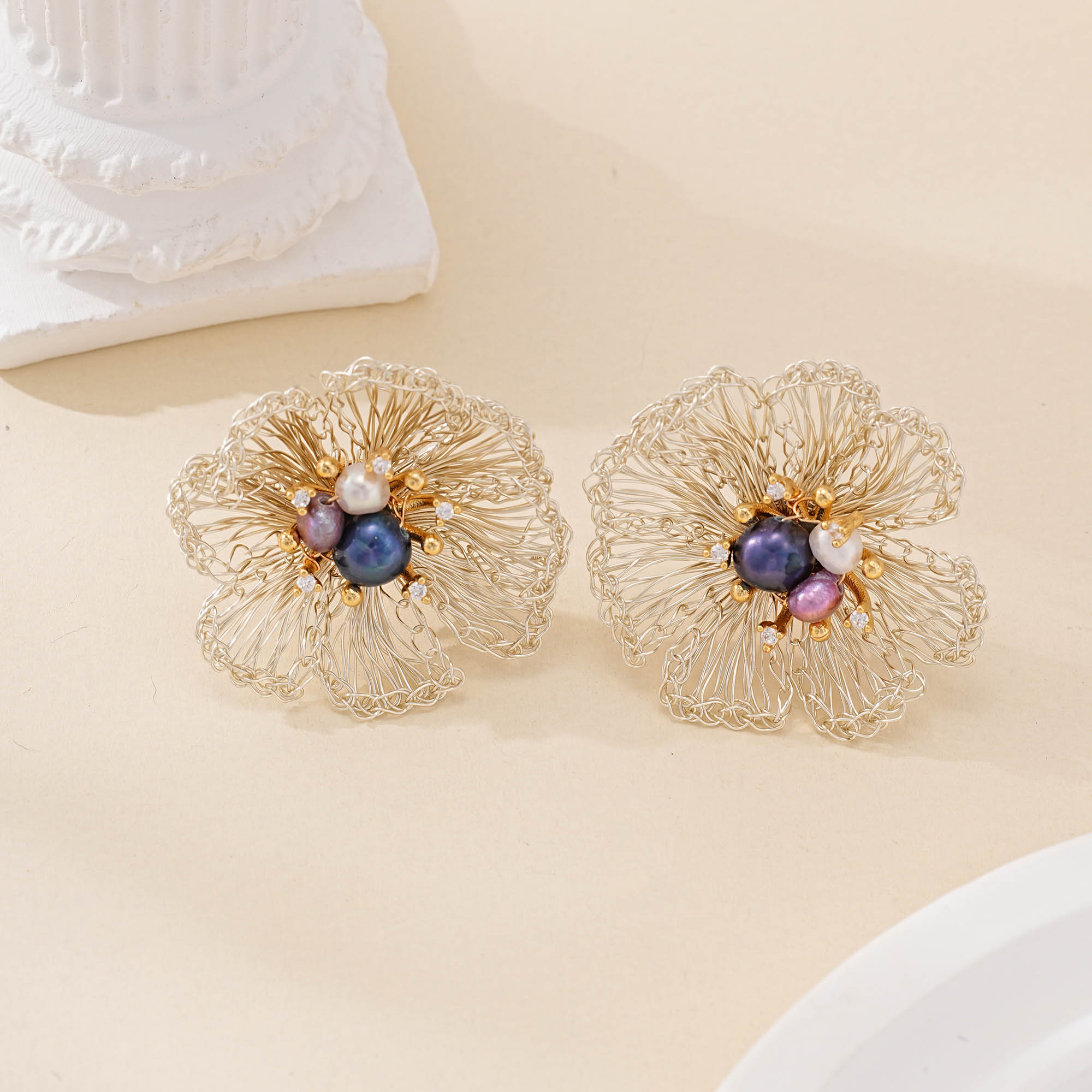 silver-finish flower earrings with multicolor pearls