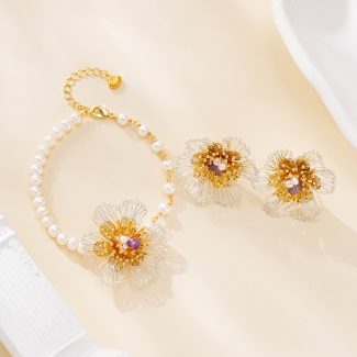 Floral Wire Pearl Earrings & Bracelet Set — hand-crocheted wire jewelry