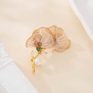 Ginkgo Wire Pearl Botanical Brooch — hand-crocheted wire jewelry