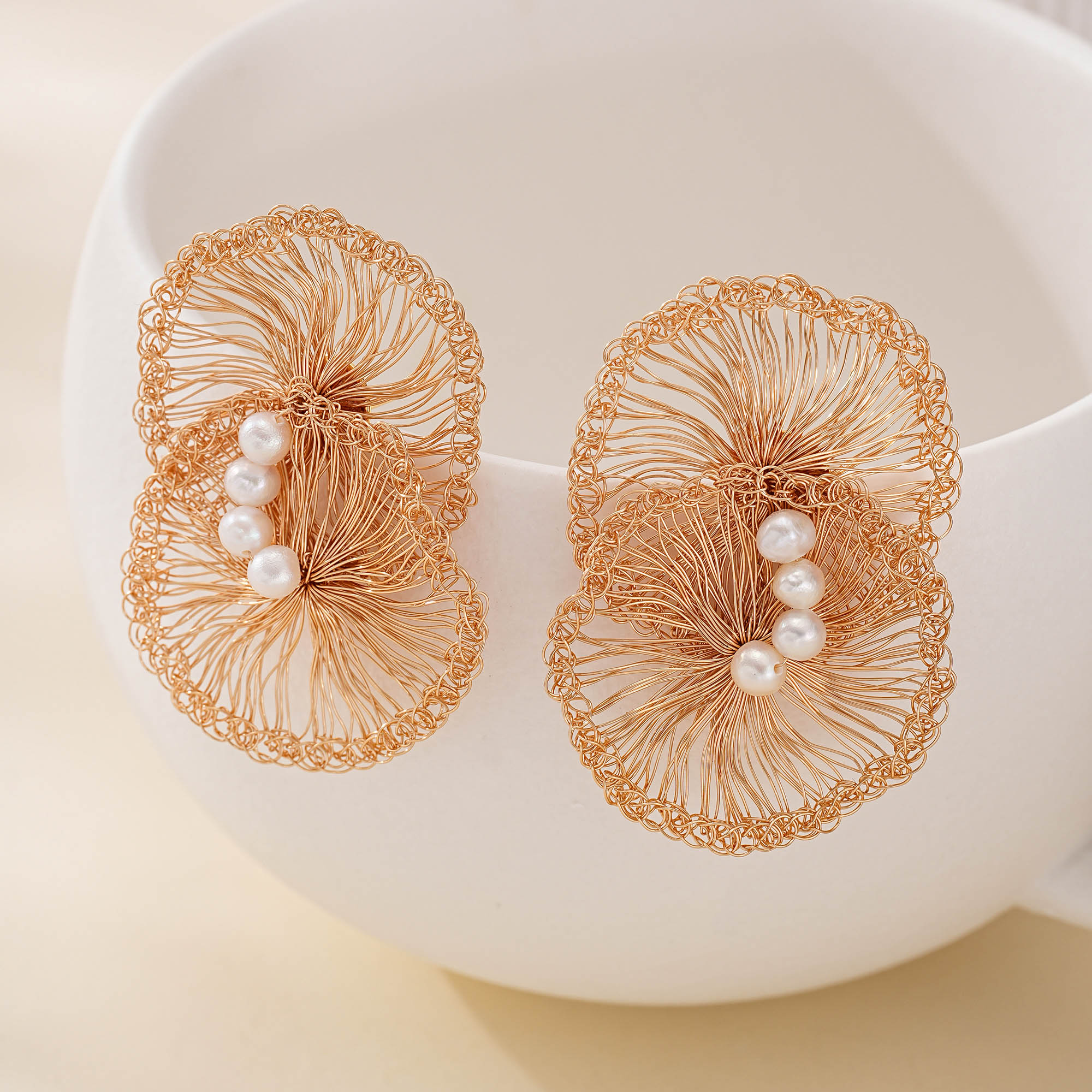 Lotus Leaf Freshwater Pearl Earrings — hand-crocheted wire jewelry