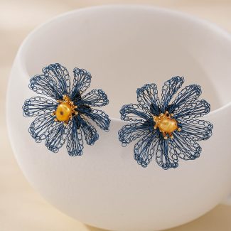 Midnight Blue Daisy Pearl Earrings — hand-crocheted wire jewelry