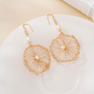 Openwork Pearl Flower Drop Earrings — hand-crocheted wire jewelry