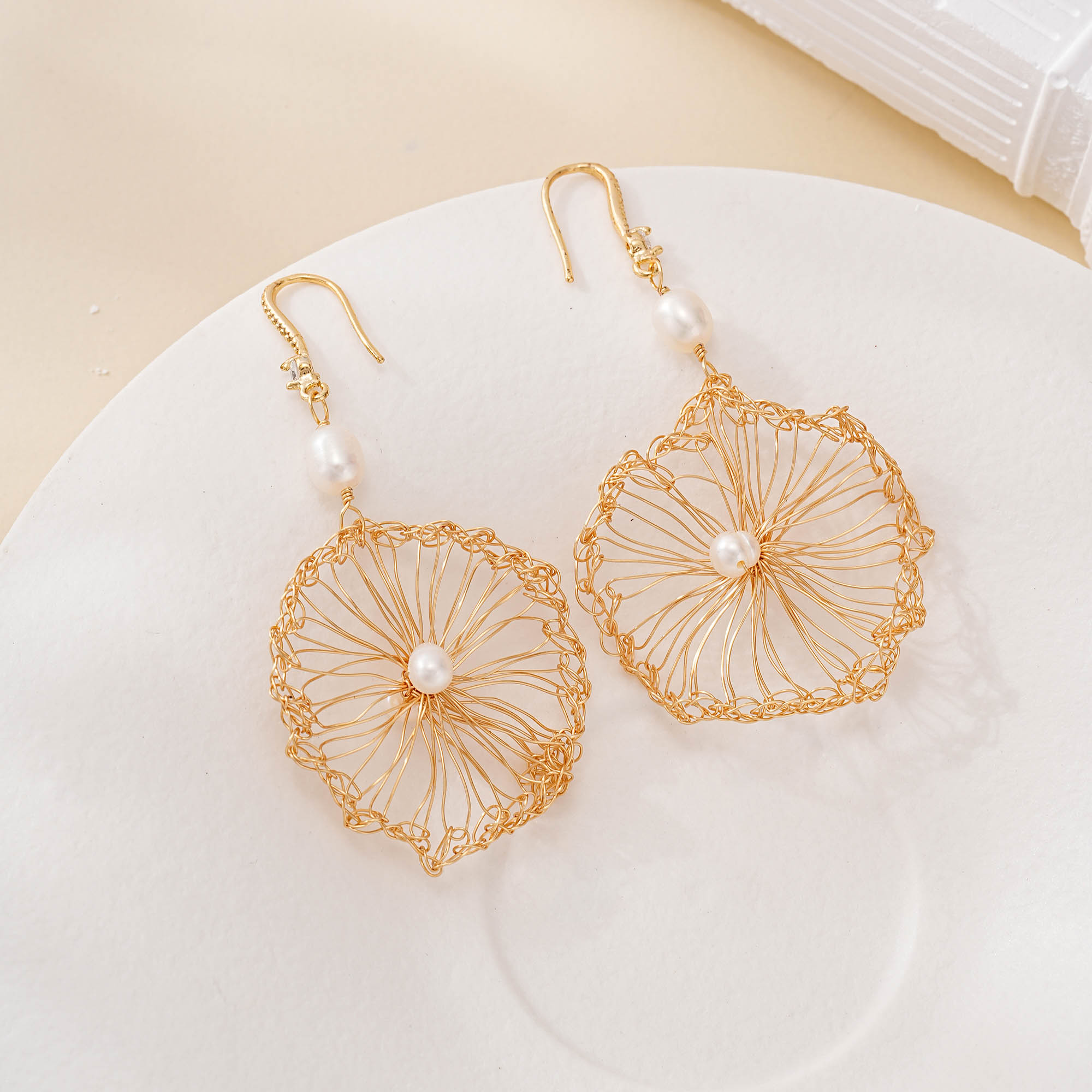Openwork Pearl Flower Drop Earrings — hand-crocheted wire jewelry