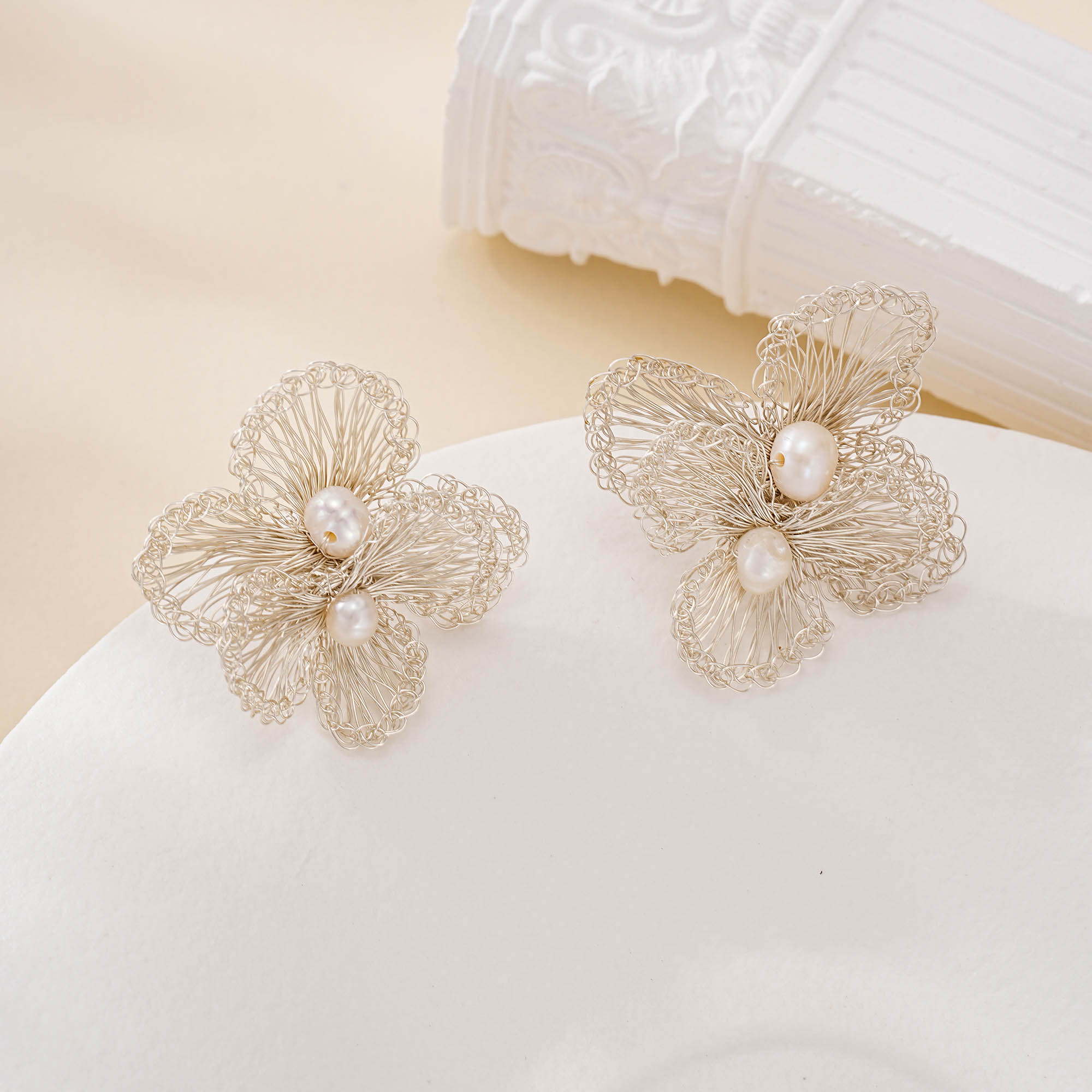 Openwork Wire Flower Pearl Earrings — wirework and pearl detail
