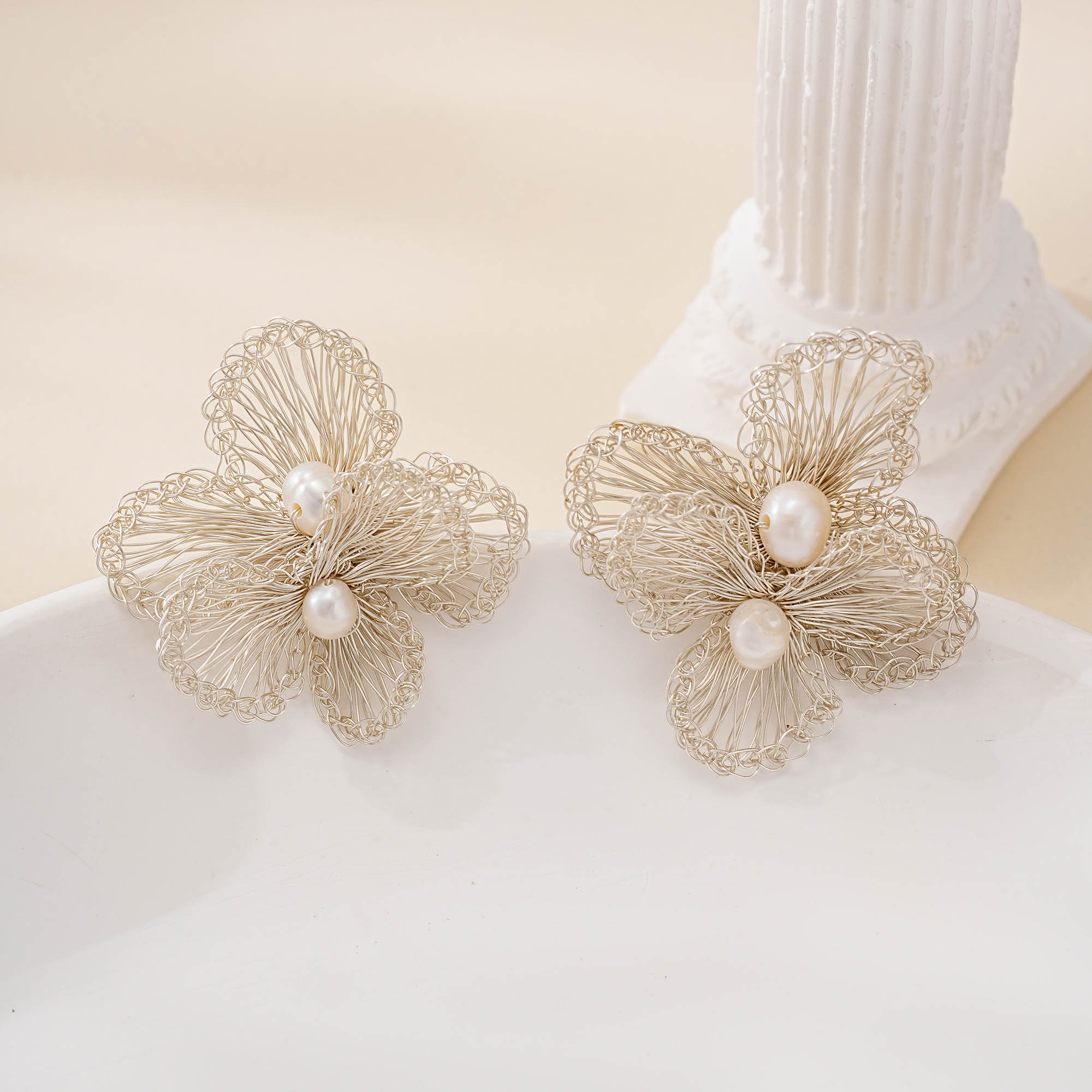 Openwork Wire Flower Pearl Earrings — wirework and pearl detail