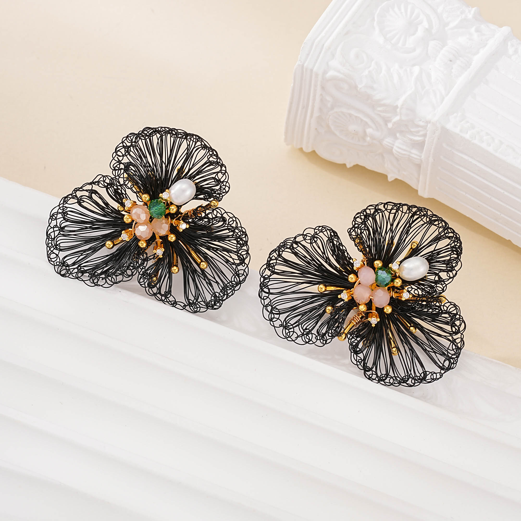 Alternate view of Black Wire Flower Pearl Drop Earrings